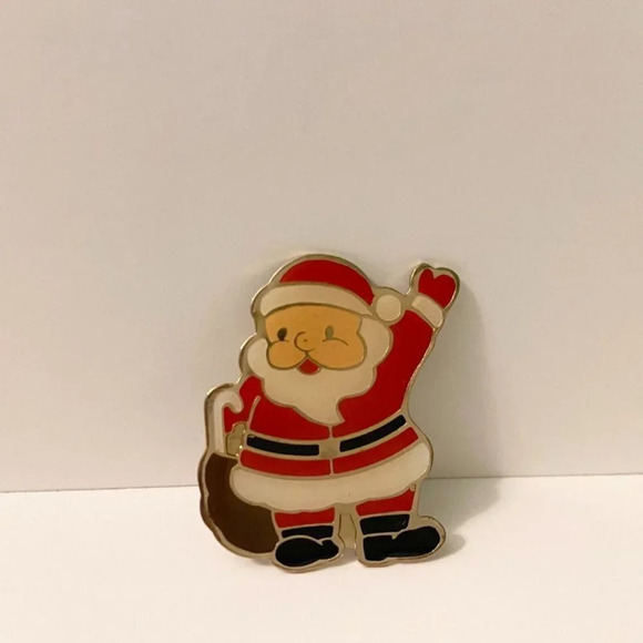 Vintage Santa  Claus Pin Red White and Black Enamel Waving Santa Claus Brooch - Picture 4 of 12
